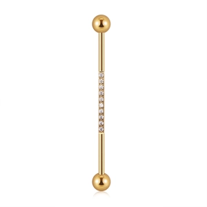 Golden industrial barbell piercing with vertical rows of clear cubic zirconia stones
