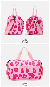 Pink leopard print travel bag featuring back trolley sleeve and side pocket detail