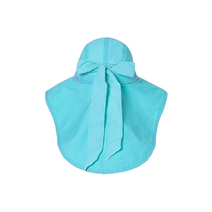 Detail showing the large back bow and breathable mesh panel on a blue sun hat with neck flap