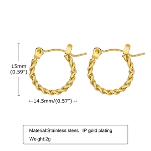 Detailed view of twisted gold earrings with measurements and 18k gold plating texture