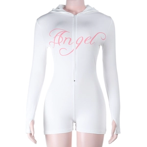 Close-up of white hooded jumpsuit with pink Angel print and thumbhole sleeve detail