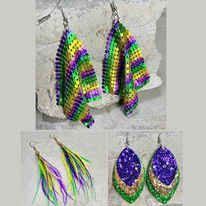 Mardi Gras Dangle Earrings For Women Sparkly Glitter Leather Metal Mesh And Ostrich Feather Festival Party Accessories