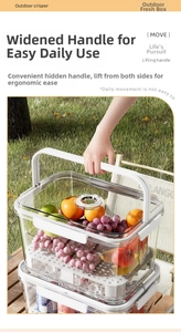 Detail of portable cooler box with ergonomic handle and drainage tray for outdoor picnic