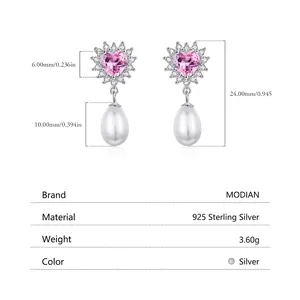 S925 sterling silver heart earrings with pink gems and white teardrop pearl dimensions