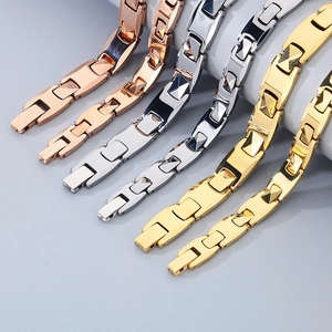 Detailed view of tungsten steel bracelets in rose gold, silver, and gold with geometric links