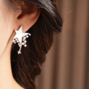 Detailed view of silver star earring with mother-of-pearl inlay and zircon stones