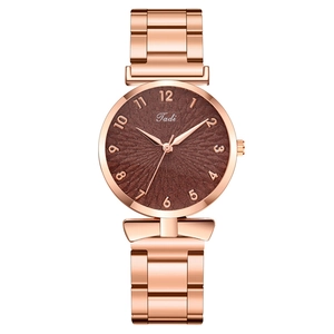Elegant rose gold steel strap watch for women with coffee radial embossed dial and numbers