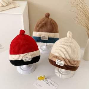 Kids Knitted Beanie Hat Winter Warm Windproof Acrylic Contrast Color Patchwork Striped With Label For Toddlers Boys Girls