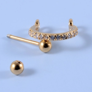Gold-plated stainless steel helix piercing set with leaf-shaped zirconia studs and screw balls