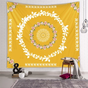 Floral mandala wall tapestry with yellow backdrop for home bedroom decor