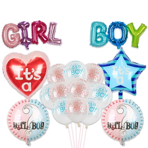 36-inch gender reveal balloon set with pink girl and blue boy themed decorations