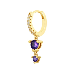 Close-up of gold huggie hoop earring with white pavé stones and double purple crystal drops