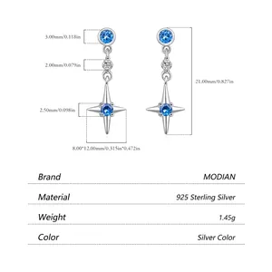 Boucles d'oreilles étoile en argent sterling S925 avec gemmes bleues et mesures
