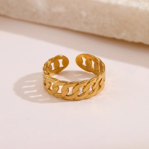 Golden curb chain open ring with adjustable minimalist link design for women