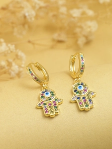 Gold Hamsa Hand drop earrings with blue evil eye and colorful zircon accents
