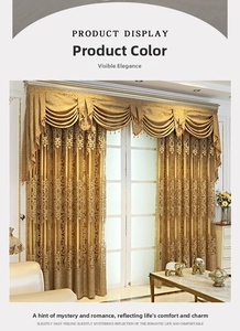 Close-up of champagne gold jacquard curtain valance with luxury fringe trim details