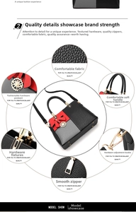 Detail view of tri-color tote bag with lychee texture leather and floral pendant