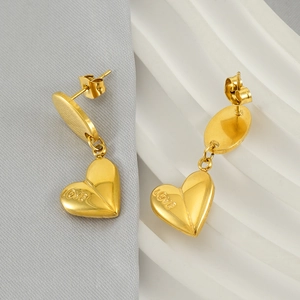 Vintage style gold stainless steel heart drop earrings featuring engraved LOVE design