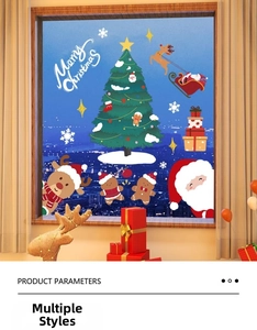 Detail of Santa and reindeer window stickers with Merry Christmas greeting art