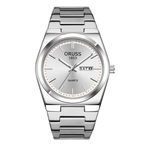Sleek ultra-thin waterproof quartz watch for men featuring a silver stainless steel strap