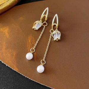 Tulip Zircon Dangle Earrings Imitation Artificial Pearl Long Tassel Elegant Copper Women Jewelry 925 Sterling Silver Earring Post