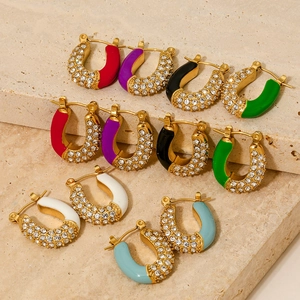 Stainless Steel U Shaped Hoop Earrings Gold Plated Cubic Zirconia Colorful Enamel Fashion Jewelry For Women