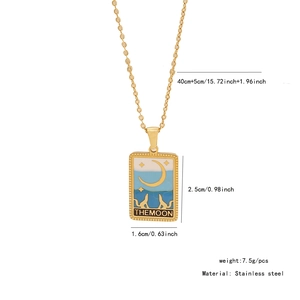 Detailed size specifications for the gold tarot card necklace with blue enamel moon pendant