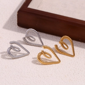 Twisted rope texture heart stud earrings in gold and silver stainless steel finish