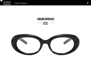 Detail view of oval black resin glasses frame with retro minimalist three star accents