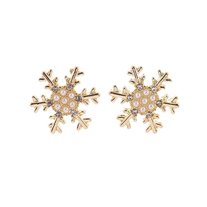 Elegant gold snowflake stud earrings with white pearls and sparkling zircons for Christmas