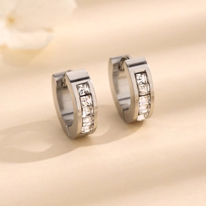 Titanium steel huggie hoop earrings with four square zircons for men and women