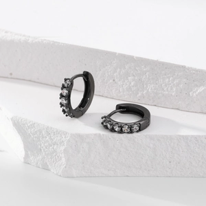 Modern s925 silver black hoop earrings with micro-paved zircons on a white stone base