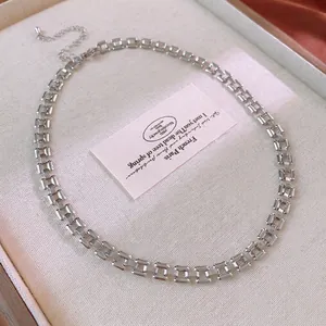 Minimalist silver square link chain choker necklace with a polished mirror finish for women