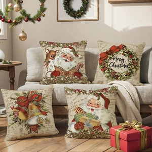 Set of 4 Christmas pillow covers with Santa and reindeer prints on linen fabric