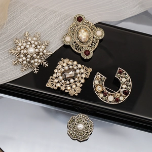 Vintage Baroque Palace Brooch Alloy Faux Artificial Pearl Rhinestone Flower Shape Suit Coat Elegant Jewelry Accessory