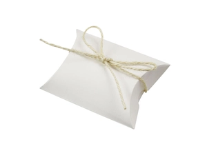 Minimalist white pillow-shaped paper gift box with decorative natural jute rope tie and knot