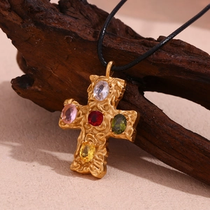 Retro Hammered Texture Cross Pendant Necklace For Women Stainless Steel Gold Plated Colorful Rhinestones Black Wax Cord Boho Jewelry
