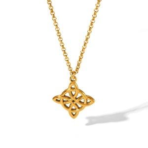 Detailed view of a golden Celtic knot pendant on a matching fine metal chain necklace