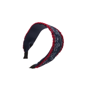 Vintage floral printed wide headband with red lace trim and deep blue satin fabric texture