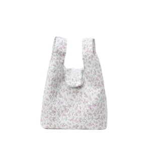 Floral cotton tote bag with white lace trim and purple flower print for daily shopping