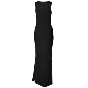 Detailed view of the elegant ruching and slim fit design on this black sleeveless maxi dress