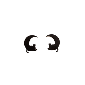 Cute minimalist black stainless steel cat and moon stud earrings for women