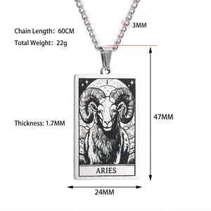 Vintage Aries Tarot square pendant necklace in stainless steel with 60cm twist chain