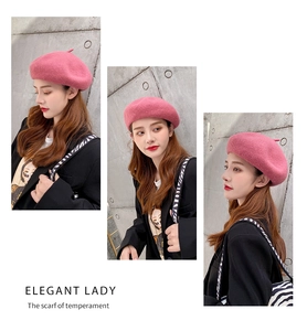 Three-way view of an elegant pink wool beret hat for women on industrial background