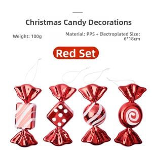 Detailed specs of four red electroplated 18cm Christmas candy ornaments with white patterns