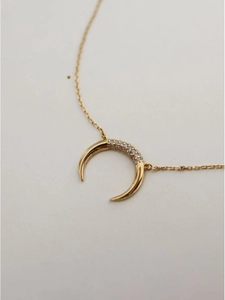 Macro shot of 925 silver gold crescent moon necklace with sparkling pave zircon stones