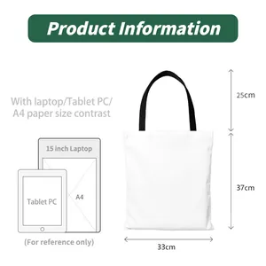 Size chart showing 33x37cm canvas bag dimensions with 15 inch laptop comparison