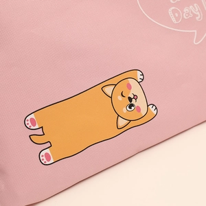 Close-up of pink waterproof Oxford cloth A4 document bag with cute cartoon dog print