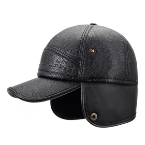 Winter faux leather baseball cap for elderly men with windproof ear flaps and warm lining