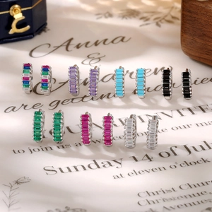 925 silver hoop earrings with multicolored rectangular zircon in seven vibrant colors